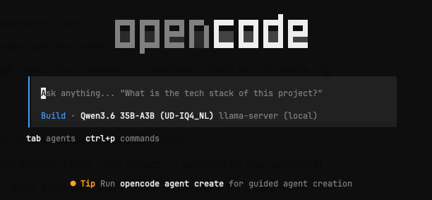 The OpenCode welcome screen with the local Qwen3.6 model selected